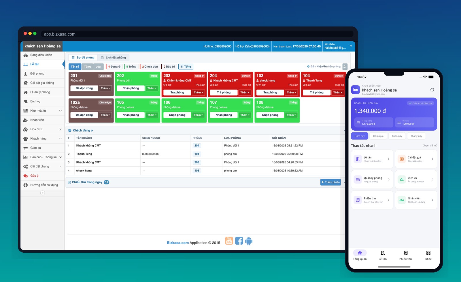 Bizkasa trên web: sơ đồ phòng lễ tân, kèm app điện thoại doanh thu hôm nay